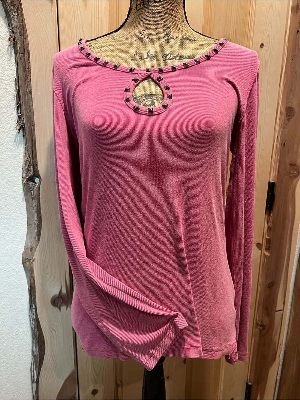 POL Rose-Pink Long Sleeve Keyhole Knit Top with Stud Trim